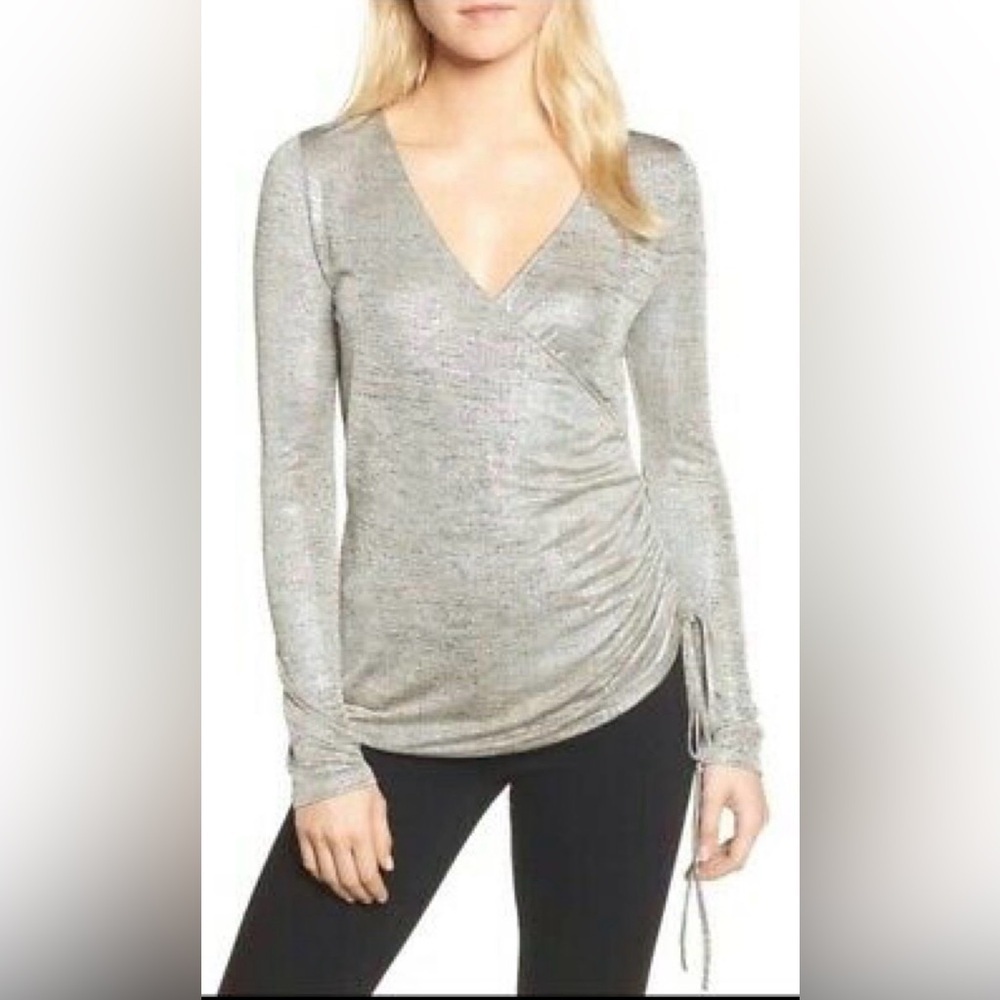 Trouve Silver Metallic Surplice V neck Faux Wrap Top Blouse Size XS